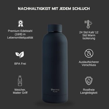 Термос-пляшка Thermo Flow з нержавіючої сталі 500 мл, чорна – BPA-free, ізольована, для води та газованих напоїв, не протікає, для дітей, школи та активного відпочинку