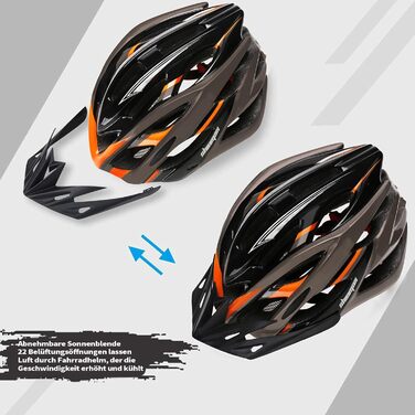 Велосипедний шолом Shinmax з візором та LED-ліхтарем, для дорослих, універсальний, знімний, для MTB, шосейних і гірських велосипедів, чорний/помаранчевий/титан, розмір 57-62 см