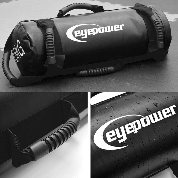 Мішок для тренувань EYEPOWER 15 кг з 4 гантелями (заповнений піском) - 6 ручок, для дому, фітнес, тренування пресу та спини, чорний 18x50 см