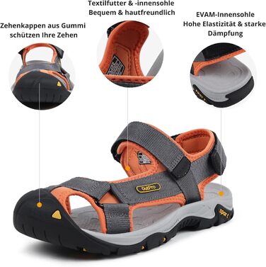 Чоловічі сандалі для пляжу, гір та трекінгу з текстильними ремінцями, водонепроникні, темно-сірі з помаранчевим, 47 EU