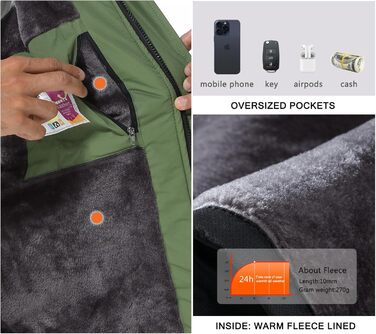 SPOSULEI Чоловіча флісова куртка на зиму, тепла, з підкладкою, для катання на лижах, outdoor, вітронепроникна, водонепроникна, знімний капюшон, для піших прогулянок, XL, трав'яно-зелений