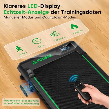 Walking Pad - біговий доріжки для дому з регулюванням нахилу до 9%, потужність 2.5HP, LED-дисплей, пульт дистанційного керування, 12 програм, подвійне амортизація, до 150 кг, чорно-зелений