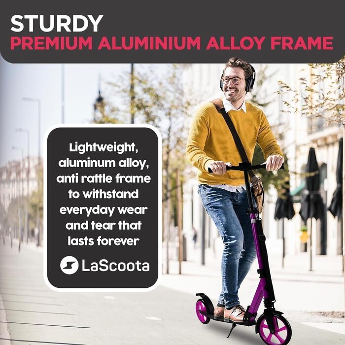 Lascoota Роликовий самокат для дітей від 8 років - для дорослих, складний, з регулюванням висоти, амортизація спереду + ремінь на плече, колеса 20 см, самокат для підлітків (фіолетовий)