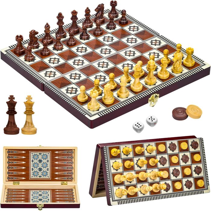 Магнітна шахова дошка з дерева 3 в 1, складана, для подорожей та дітей, 29x29 см