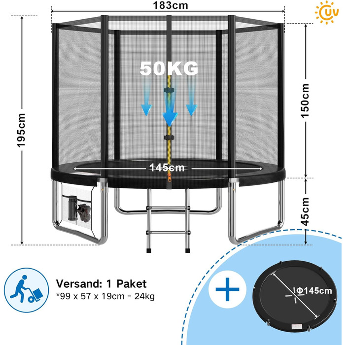 Трамплін Devoko Outdoor Ø 183-427 см, комплект з сіткою, драбиною та захистом, сертифікат GS, для дітей