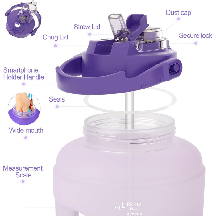 Спортивна пляшка BuildLife 2,5 л з мітками часу та двома кришками - без BPA - для спортзалу (2500 мл, фіолетовий)