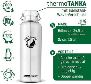 Термос-пляшка ECOtanka 0,8 л з нержавіючої сталі, вакуумна, для гарячих і холодних напоїв, подвійні стінки, тримає тепло/холод понад 8 годин, ідеально для чаю, кави, спорту та відпочинку