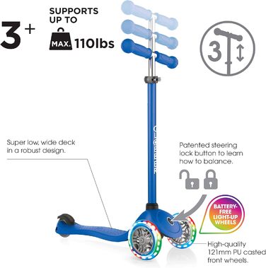 Дитячий самокат Globber Primo Lights, 3-колісний, з LED колесами, регульована висота, 120/80 мм, ABEC 5, неоновий