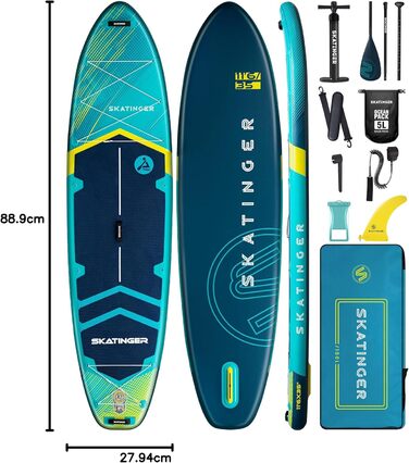 Надувне SUP-борд Skatinger для йоги та катання, 28.9 x 86.4 x 15.2 см, з рюкзаком 1600D, 6 D-кільцями та US-фінкою (Метеоритний блакитний)