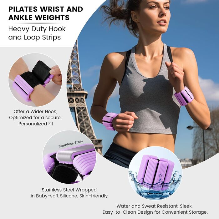 Ваги для ніг та рук, регульовані | Набір 2 шт (1 кг пара, 0,5 кг кожний) | Силіконові ваги на зап'ястя для жінок | Йога, Пілатес, танці, балет, біг, плавання, кардіо (фіолетовий)