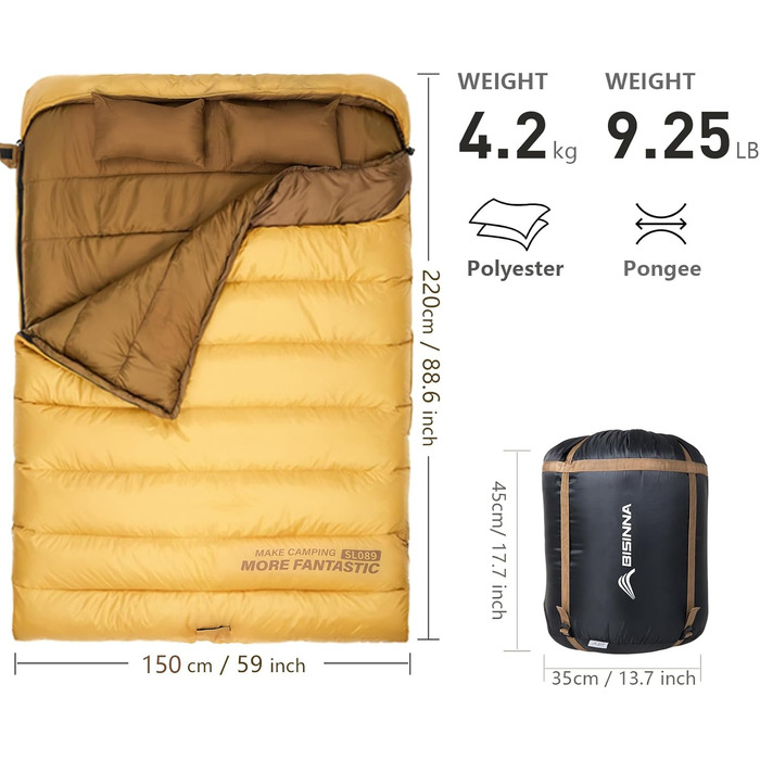 Зимний спальний мішок BISINNA для 2 дорослих, 3 сезони, для кемпінгу та подорожей на автодомі (4.2 кг), зелений (жовтий)