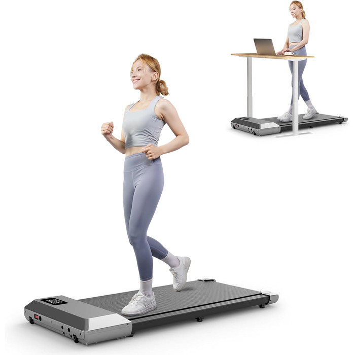 Біговий килимок DeerRun Walking Pad з інтегрованим столом та додатком Pitpat, до 136 кг, тиха робота, 2.5PS, професійні курси та мульти-рейси (сірий, 90 см)