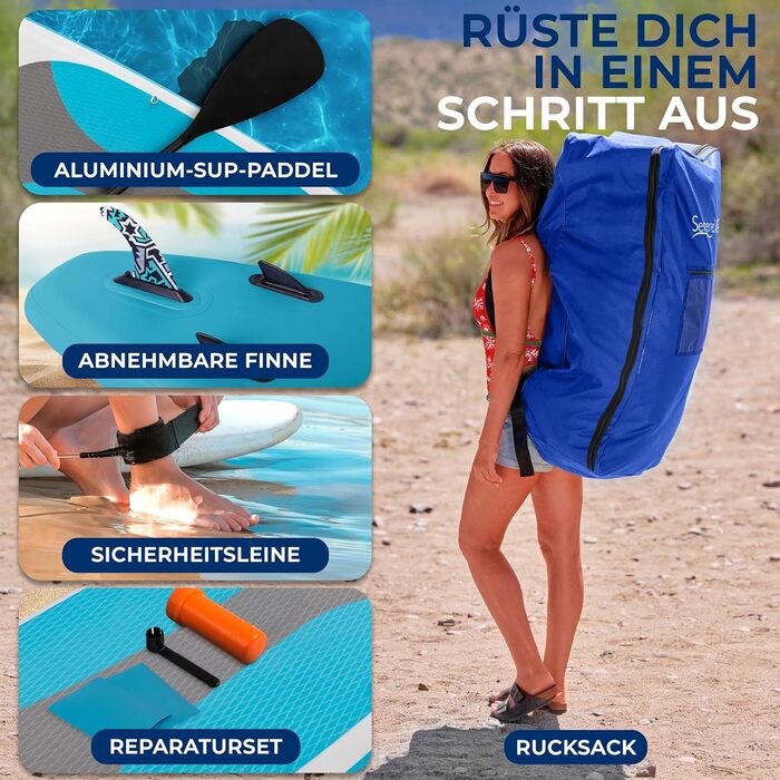 Надувний SUP СеренеЛайф для дорослих та дітей: комплект з веслом, насосом та сумкою. Touring SUP, рухлива дошка для плавання по морю, річці та озеру. Максимальне навантаження 155 кг, колір морської хвилі.