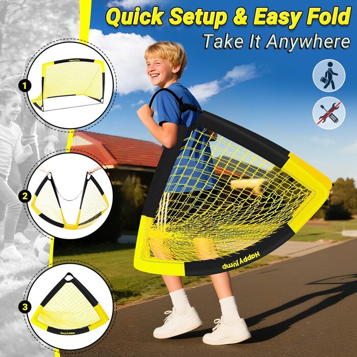 Ворота для футболу Happy Jump Pop-Up – складані для дітей та дорослих | 1 або 2 ворота: 120x90 / 152x110 / 213x152 см | З м'ячем, насосом, конусами та мішенню | Для саду та подарунка