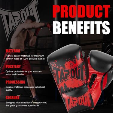 Боксерські рукавички Tapout зі шкіри, 10 унцій, чорні/червоні