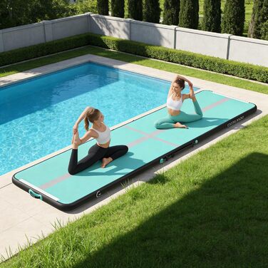 Гимнастичний мат Airtrack CASSILANDO надувний для тамблінгу та йоги, 400x100x10 см, м'ятно-чорний, з насосом