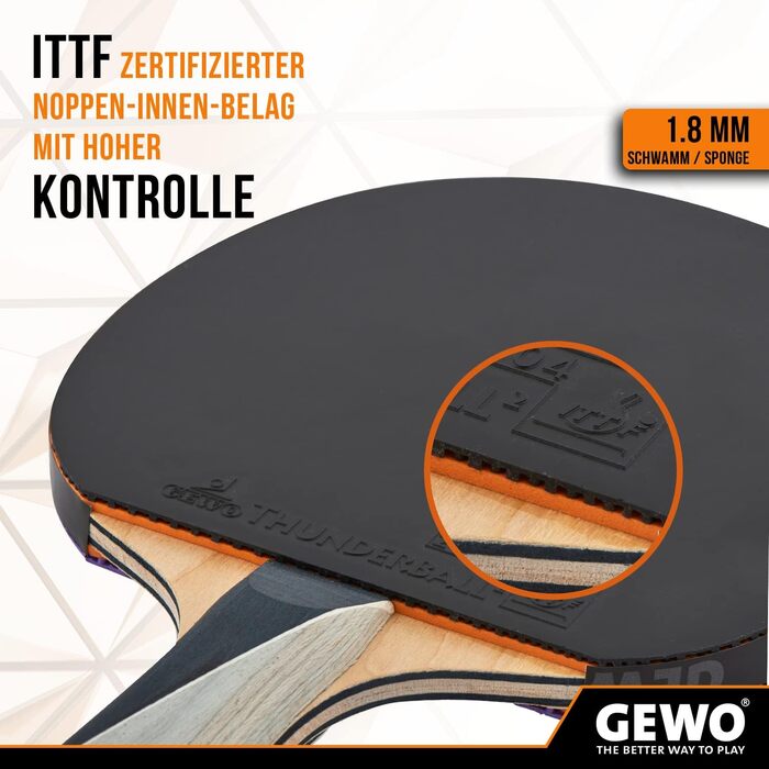 GEWO PS Blast Power – професійна ракетка для настільного тенісу, ITTF, універсальна, накладка Thunderball 2, 1,8 мм, висока обертальність, конкавна ручка