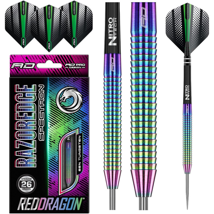Дротики для дартсу Red Dragon Razor Edge Spectron 26 г, вольфрамові, професійні, сталевий наконечник, з крилами та стрижнями