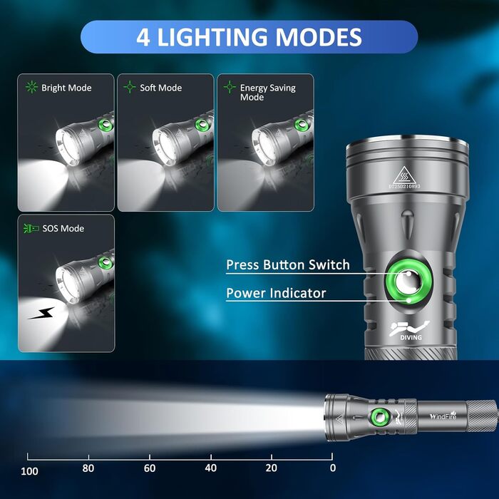 Ліхтар під водою WINDFIRE Taucher – потужний, водонепроникний, з індикатором заряду, 4 режими, кут променя 12°, для дайвінгу та снорклінгу (сірий)
