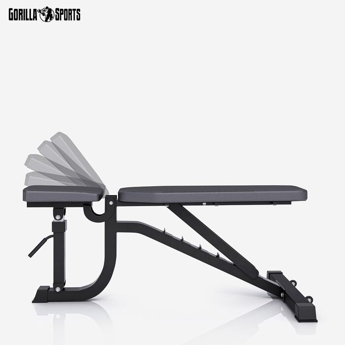 GORILLA SPORTS® універсальна лавка для жиму, сталева, чорна, 7-рівнева спинка, 5-рівневе сидіння, 140x72,5x54-138 см, багатофункціональна фітнес лава для тренувань, шраґ, плоска, негативна
