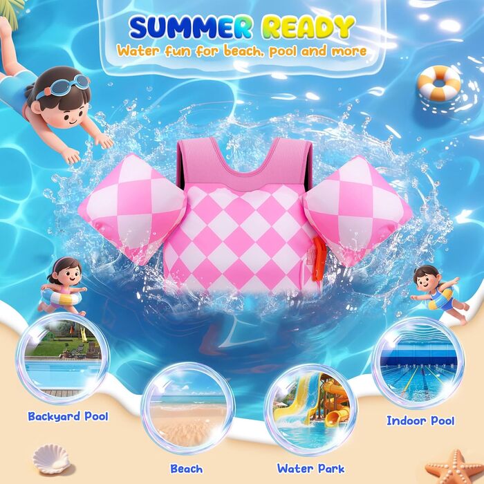 Моко (MoKo) рукавики для плавання для дітей, рукавики для хлопчиків та дівчаток, навчальна жилетка з фіксатором, плавальна куртка, плечові ремінці, рукавики для плавання (рожевий ромб, для ваги 9-23 кг)