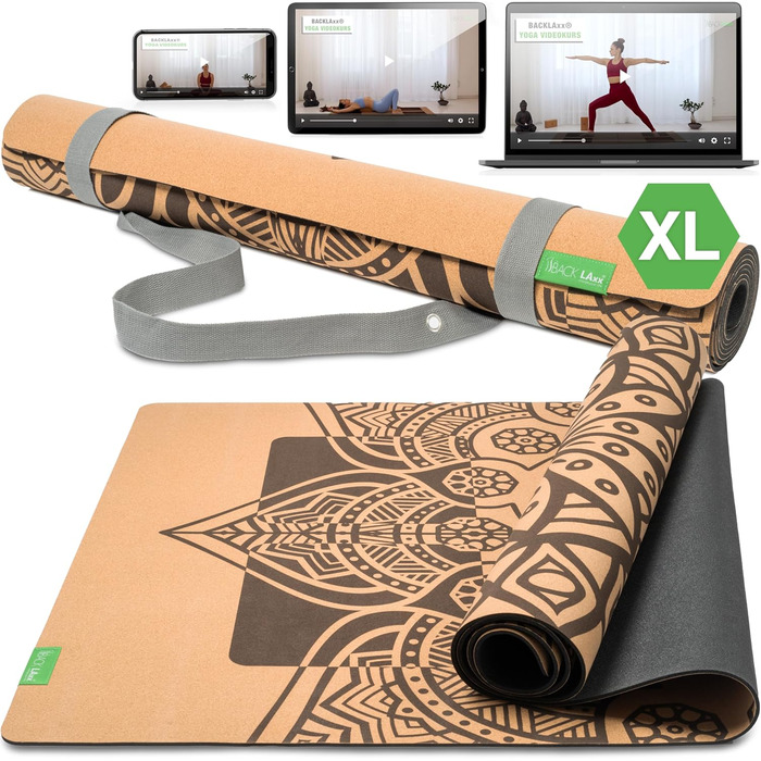BACKLAXX Йога-мат XXL з корка та каучуку, екологічний, нековзний, фітнес-мат з антиковзними зонами