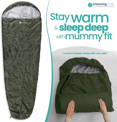 Спальний мішок Mumienschlafsack для дорослих - легкий, компактний, водонепроникний, з капюшоном, 220x85 см, теплий, придатний для прання, для кемпінгу, трекінгу, подорожей, зелений