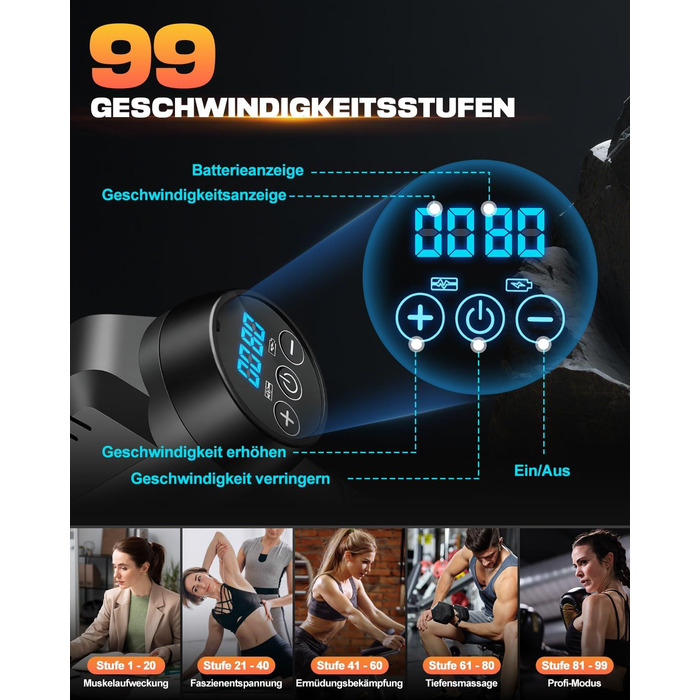 Масажер для м'язів, пістолет для масажу з 99 швидкостями та 8 насадок, до 9800U/min, амплітуда 14 мм, LED-дисплей, 35 dB, для розслаблення спини та плечей, чорний