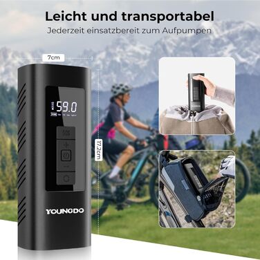 Електрична насосна станція YOUNGDO для велосипедів, 150 PSI, акумуляторний компресор 6000 мА·год, підходить для всіх типів вентилів велосипедів, мотоциклів і авто