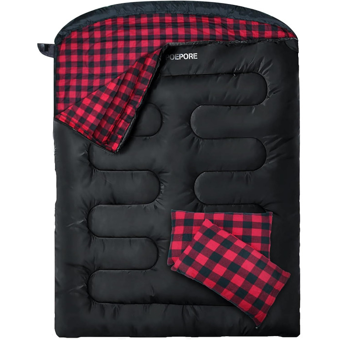 Спальний мішок для двох дорослих з флісу, зимовий, з подушками та сумкою для перенесення, 233*157 см, червоний