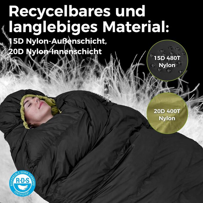 Спальник ATEPA 700FP для дорослих, екстремальна температура 1°C, комфорт 6°C, пух RDS, ультралегкий, для туризму, кемпінгу, альпінізму, чорний