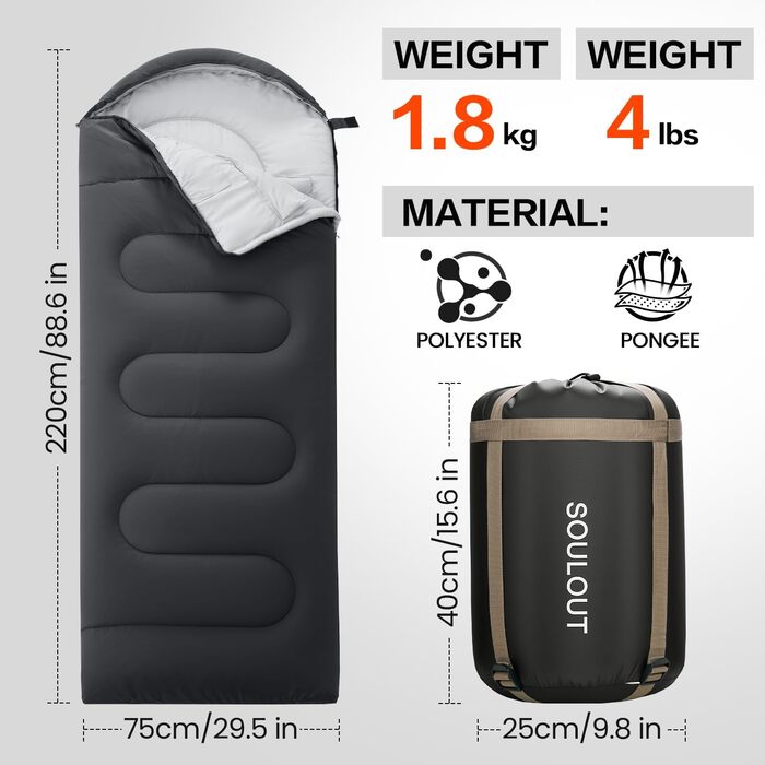 Спальний мішок 3-4 сезони: теплий, легкий, водонепроникний, для дорослих та дітей. Підходить для кемпінгу, трекінгу, хайкінгу (M, темно-сірий)