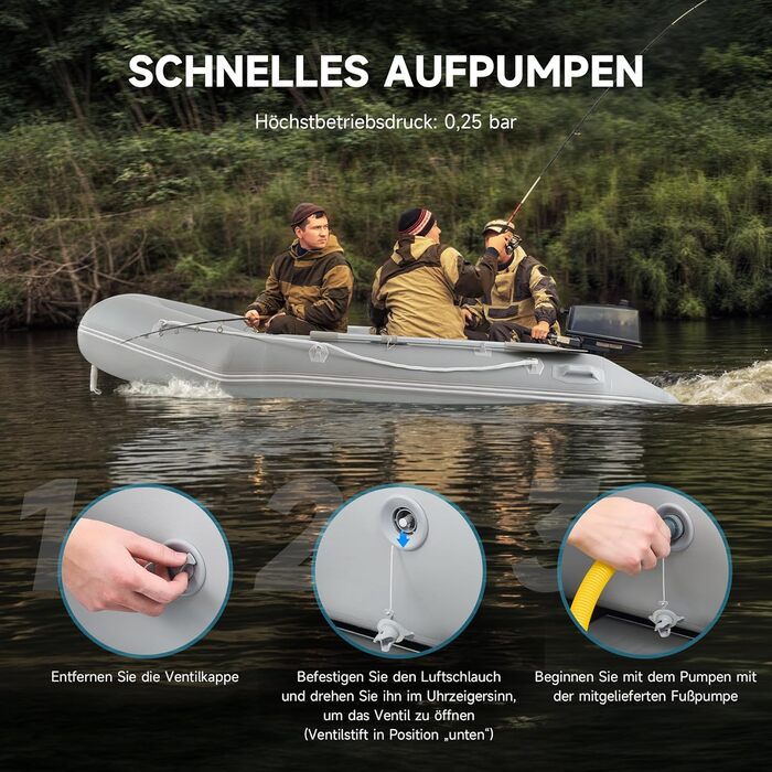 Надувне човен CO-Z для 2-4 осіб, сірий: 230x130x33см / 300x150x42см з веслами та насосом. Рибальський човен з алюмінієвим дном та сидінням.