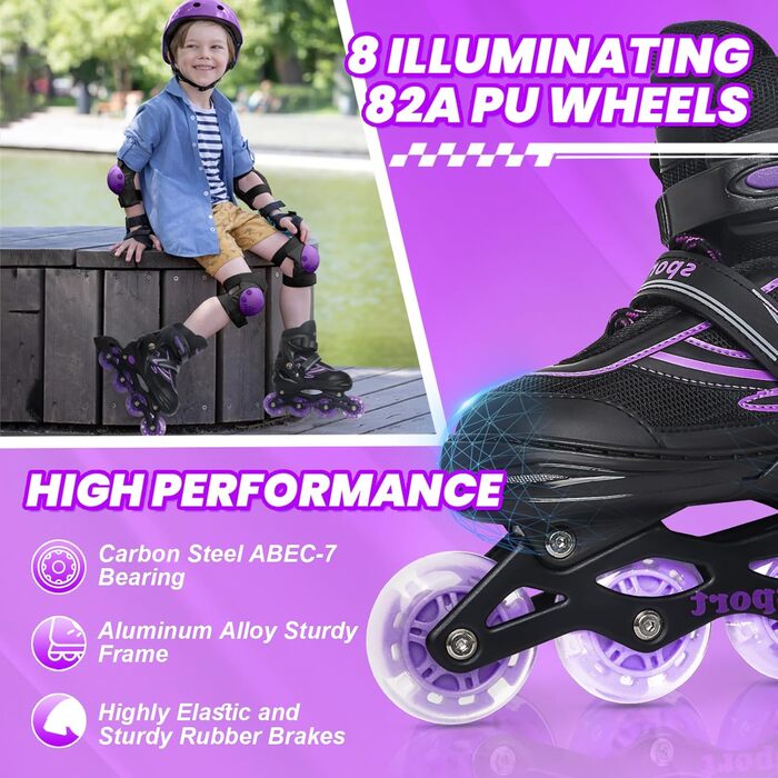 Регульовані ролики для дітей (дівчатка та хлопчики), ролики з підсвічуванням коліс, для занять спортом в приміщенні та на вулиці, фіолетовий & синій, чорний & фіолетовий