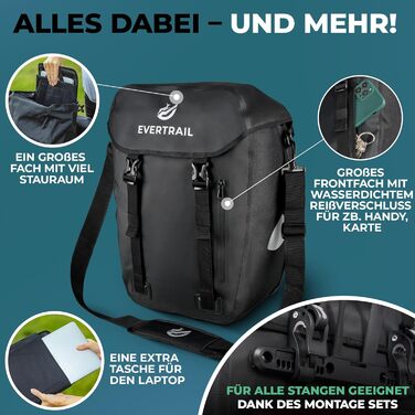 Велосипедна сумка Evertrail 28 л, водонепроникна, на багажник, з відділенням для ноутбука, плечовим ременем, рефлекторами, посиленим дном, чорна, 2024