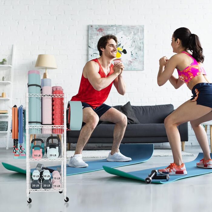 Органайзер для домашнього спортзалу FUTASSI S1, 3 яруси, на колесах, для килимків для йоги, ролерів, гантелей, гир та еластичних стрічок, 120 x 70 x 30 см, білий