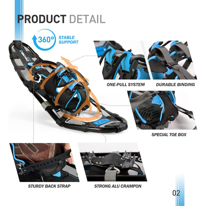 Легкі снігоступи G2 21/25/30 дюймів для жінок, чоловіків, підлітків. Комплект з трекінговими палками, сумкою, снігокожухами, зручною системою фіксації, підйомником п'яти, захистом пальців. Кольори: помаранчевий, синій, червоний. 30 дюймів (до 113 кг)