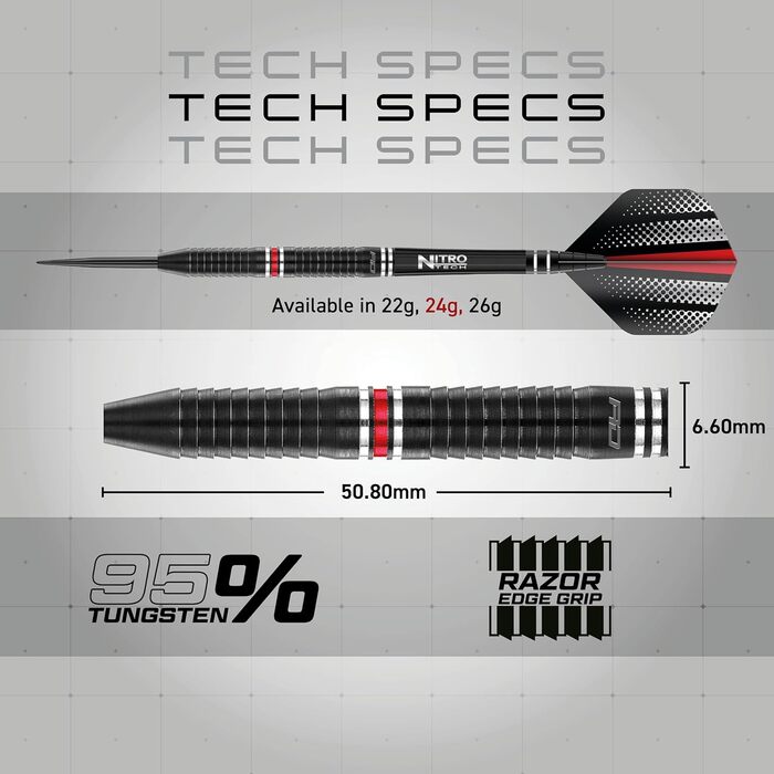 Професійні дартси Red Dragon Razor Edge ZX-95, вольфрамові, 24 г, з оперенням та стрижнями, для гри в дартс