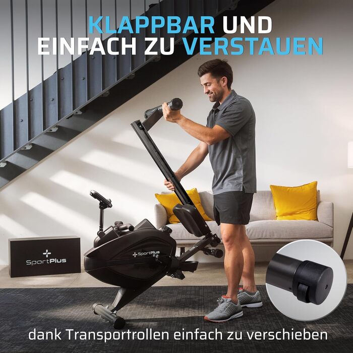 Гребний тренажер SportPlus для дому, складаний, з тихою магнітною системою гальмування, комп'ютером для тренувань, для дому, фітнес-обладнання, сумісний з додатками (Smart)