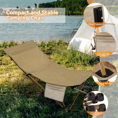 Зручний складаний стілець для кемпінгу та відпочинку на природі (150 кг), легкий, з регулюванням кута нахилу, з сумкою, хакі