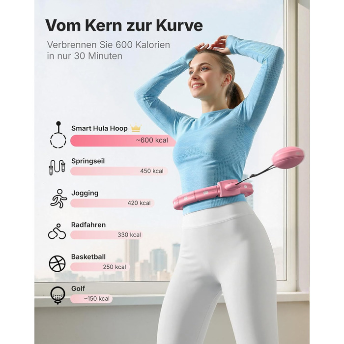 Хула-хуп MERACH з лічильником калорій для дорослих, рожевий. Безшумний, знімний, для талії 84-144 см, для спалювання жиру та кардіотренувань. Ідеальний для домашніх тренувань.