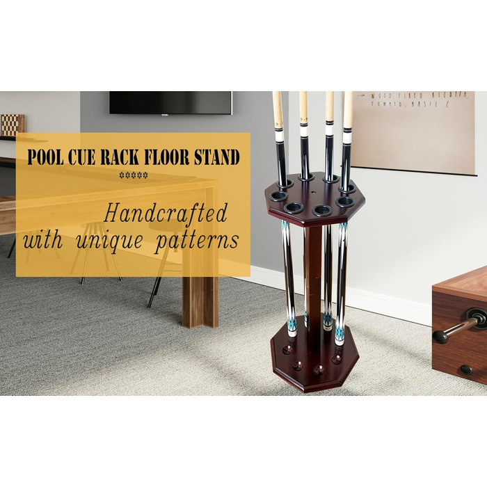 Стійка для більярдних київ на 8 київ, аксесуар для більярдного столу, дерев'яна підставка, підставка для київ, більярдний аксесуар (FLOOR-8-MAHOGANY)