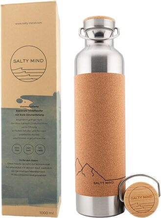 Salty Mind ізольована термобутилка з нержавіючої сталі 1000 мл – герметична, екологічна, без BPA, з корковою кришкою і ручкою для води, для офісу, спорту, походів, outdoor