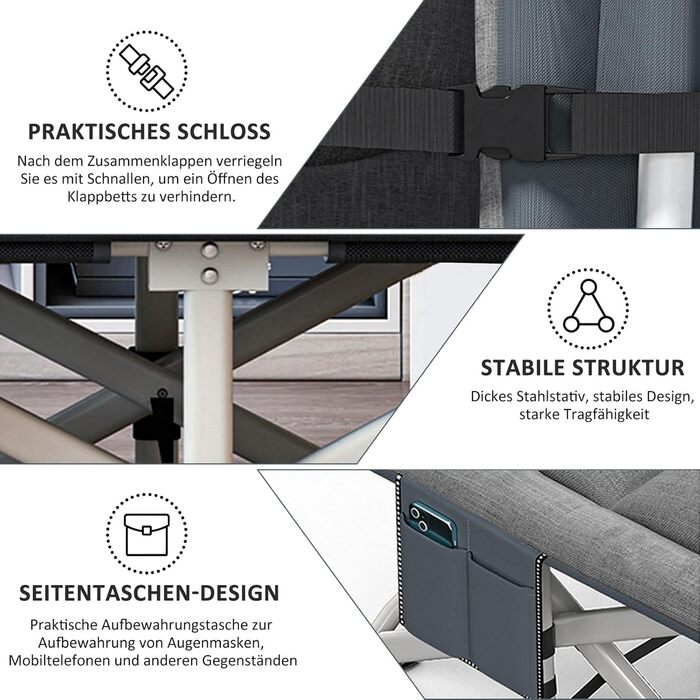 Кемпінгове ліжко Caliyo, розкладне, для відпочинку та гостей, 190x68x40 см, з сумкою для зберігання, сірого кольору