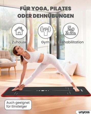 Килимок для йоги Unycos з неслизькою поверхнею | Висока щільність 6/10/15 мм, фітнес-килимок для гімнастики з ременем для перенесення【включено E-Book】Шкірно-дружній килимок для пілатесу, тренувань, спортзалу (#17 Чорний + Червоний, 183*66*1 см)