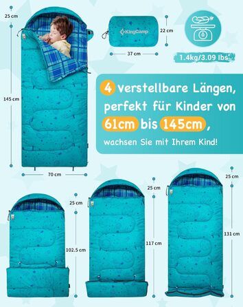 Сплячий мішок KingCamp для дітей, фланелевий, легкий, водонепроникний, компактний, зимовий, 4 сезони, для кемпінгу, підходить для дітей до 140 см, комфортна температура: 7°C, регульована довжина