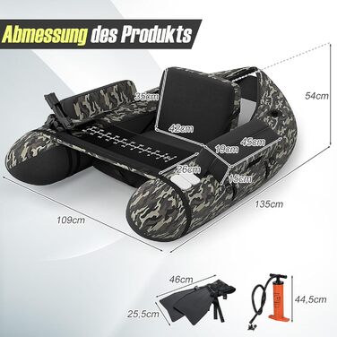 Надувне рибальське човен GYMAX: компактне belly boat з насосом, веслами та регульованими ременями. Міцне, до 150 кг, з лінійкою для риби, камуфляж.