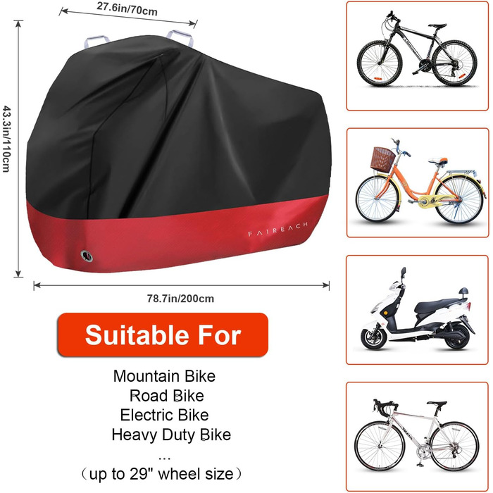 Водонепроникний чохол для велосипеда з отворами для замка – для всіх велосипедів та електровелосипедів – захист від дощу, снігу та UV – на 2 велосипеди (Чорний+Червоний для 1 велосипеда)