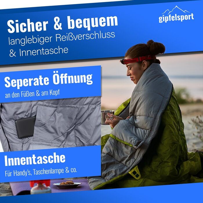 Сплячий мішок Gipfelsport Ultraleicht 4 сезони [-20°C - 15°C] | Ultralight, для кемпінгу, трекінгу та подорожей, -5°C, блакитний/зелений