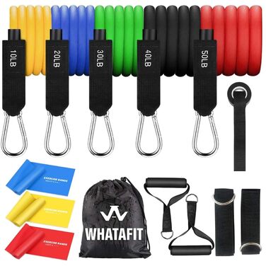 Набір гумових еспандерів WHATAFIT (11 шт.) з анкером для дверей, ручками, сумкою та ременями для ніг/кісточок - для фітнесу, реабілітації, домашніх тренувань